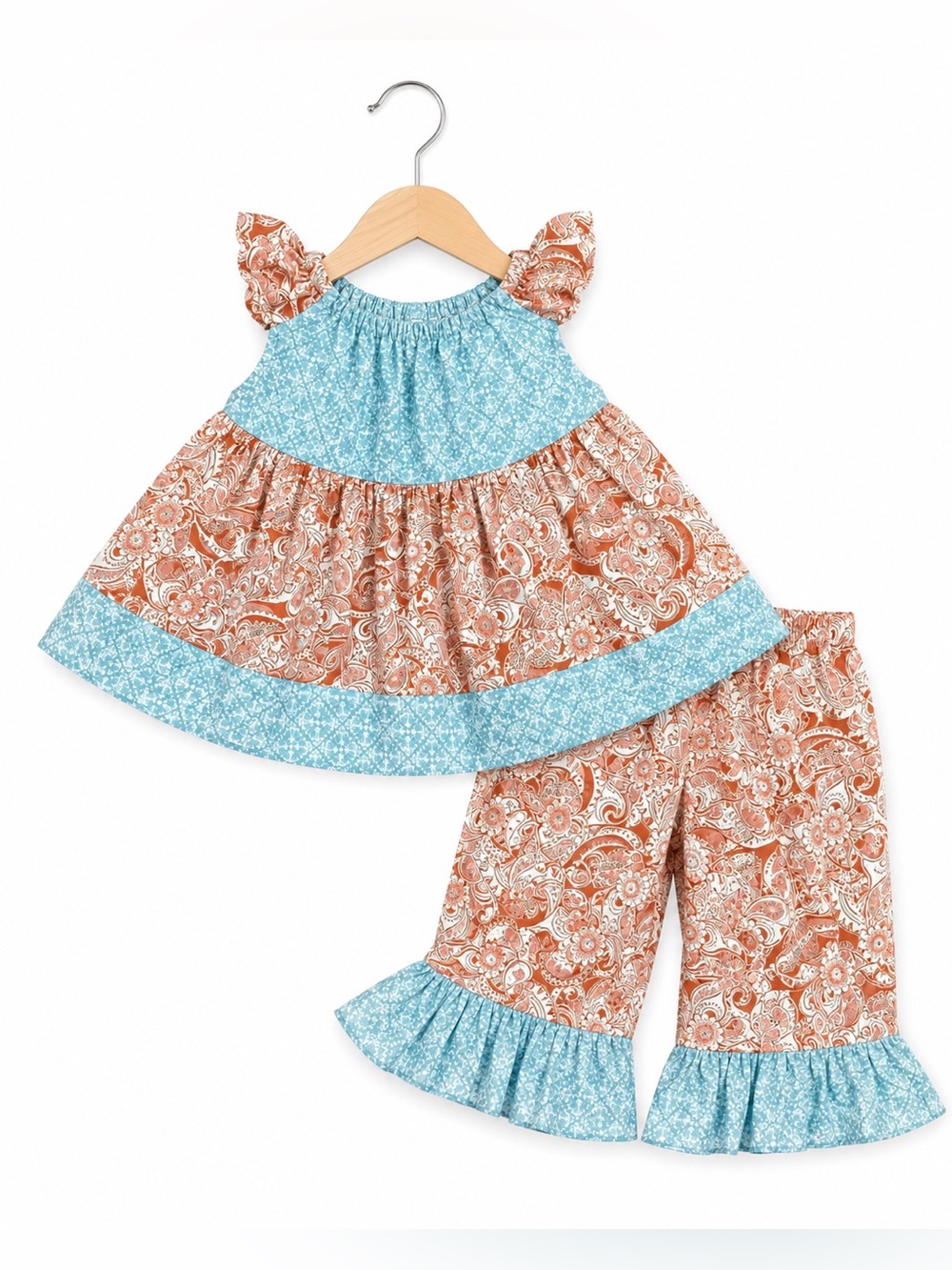 Hand Made Girls Outfit Size 2 3 Tribal Paisley Orange Blue Ruffles Set Handmade